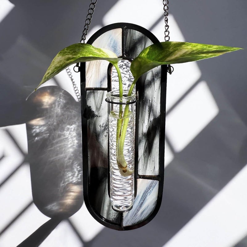 LITMIND Stained Glass Propagation Station - Handcrafted Translucent Suncatcher Planter with 2 Tubes, Hanging Hydroponic Décor for Windows & Garden - Image 3